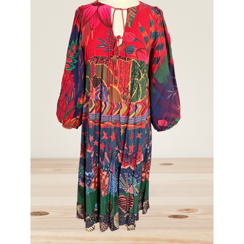 Farm Rio Midi Dress Sz S Long Sleeves Multi Beaded Tassels Boho Moody Deep Color